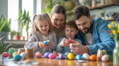 Joyful family painting vibrant Easter eggs, adding colors to their festive ho...