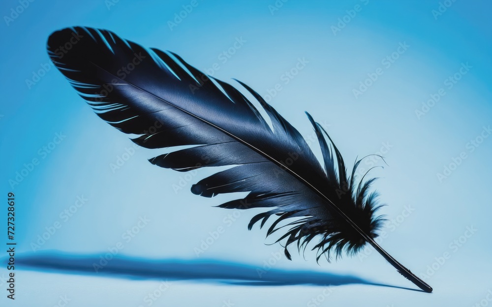 Black Feather falling from the blue background Black Feather falling from the blue background