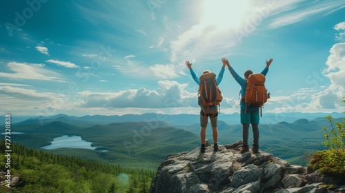 Hikers atop a mountain, arms raised in triumph, overlooking a breathtaking wi...