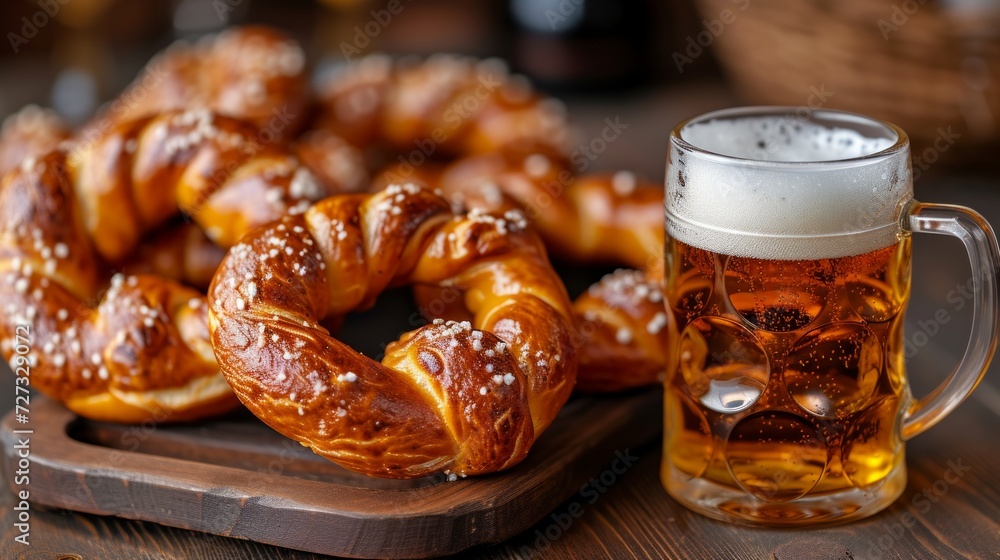 Iconic soft pretzels served with a cold, foamy beer, a popular German snack. Iconic soft pretzels served with a cold, foamy beer, a popular German snack.