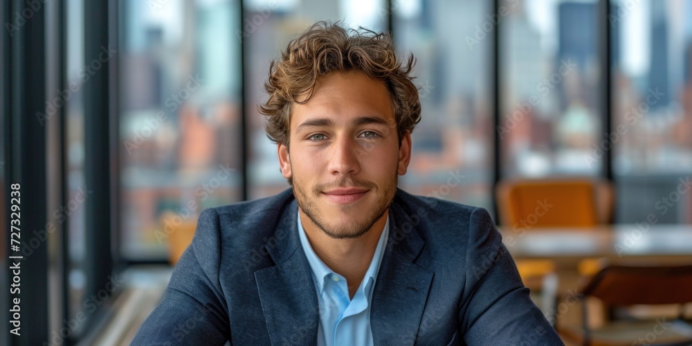 Obraz premium Happy and confident young businessman in a blue suit, exuding success.