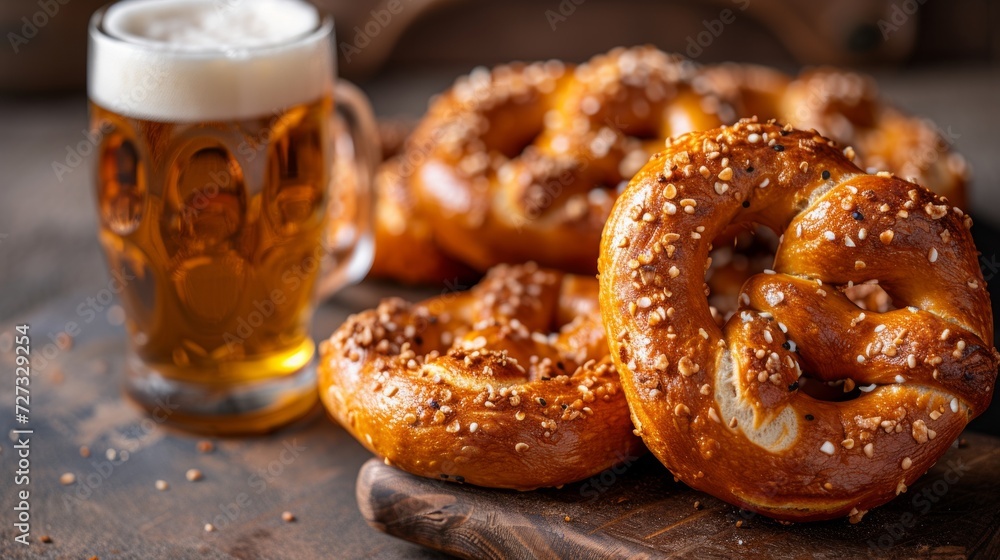 Iconic soft pretzels served with a cold, foamy beer, a popular German snack. Iconic soft pretzels served with a cold, foamy beer, a popular German snack.