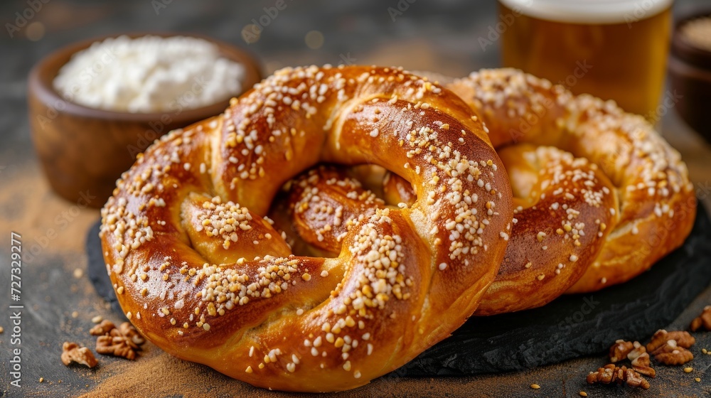 Iconic soft pretzels served with a cold, foamy beer, a popular German snack. Iconic soft pretzels served with a cold, foamy beer, a popular German snack.