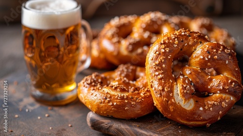 Iconic soft pretzels served with a cold, foamy beer, a popular German snack.