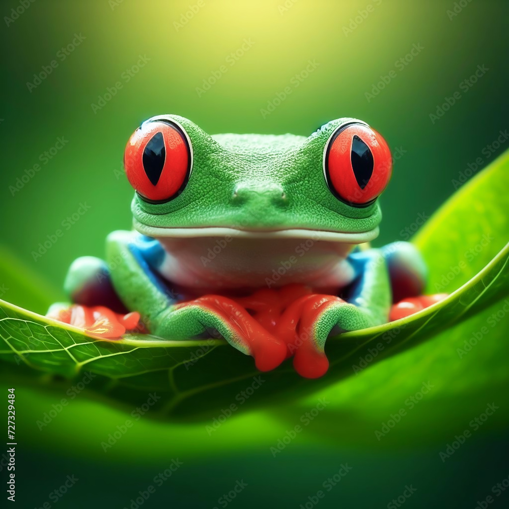 Fototapeta premium Realistic image of Red-eyed frog, which lives in tropical forests. AI generated