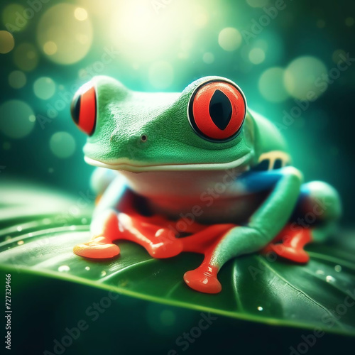 Realistic image of Red-eyed frog  which lives in tropical forests. AI generated