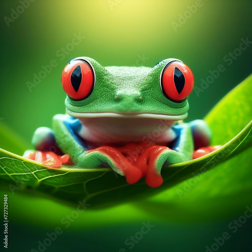 Realistic image of Red-eyed frog, which lives in tropical forests. AI generated