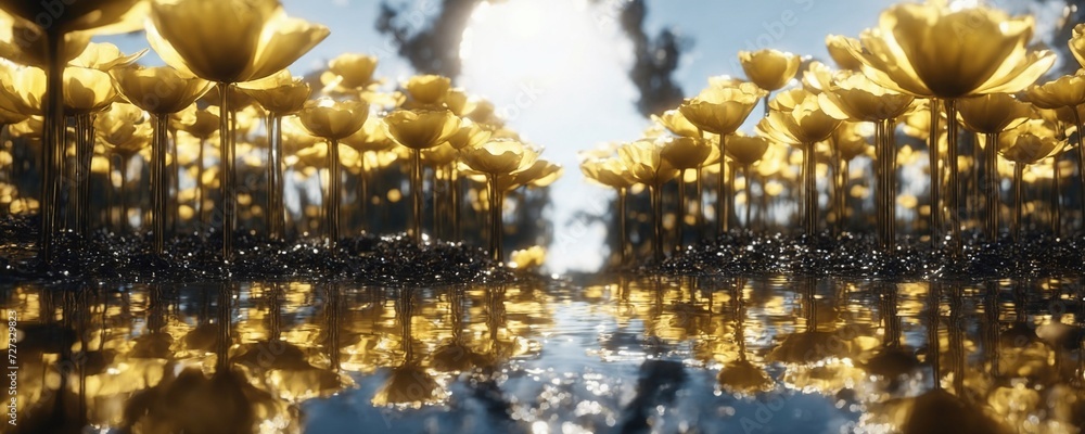 yellow flowers are reflected in a pool of water