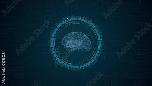 Motion graphic of Blue digital robot brain logo and circle futuristic HUD elements with Ai chatbot and machine learning technology and ai assistance concepts on circuit board abstract background photo