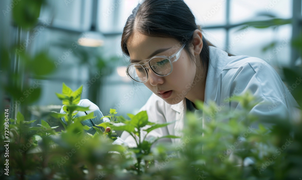 nutritionist checking the sample in the greenhouse. scientist wearing white lab coat control plant in the indoor farm. nutritionist checking the sample in the greenhouse. scientist wearing white lab coat control plant in the indoor farm.