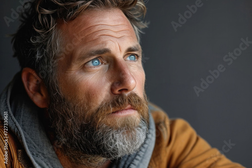 Serious and confident bearded man with a stylish look and a serious expression, isolated on a grey background.