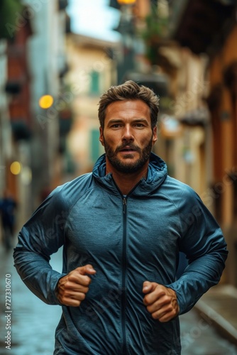 Fit and athletic young man in sportswear jogging outdoors in the city, radiating health and energy.