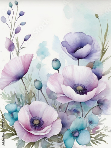 Wallpaper Mural Background with watercolor poppy flowers. AI Torontodigital.ca