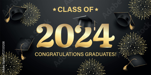 Vector illustration. Class of 2024 badge design template in black and gold colors. Congratulations graduates 2024 banner sticker card with academic hat for high school or college graduation