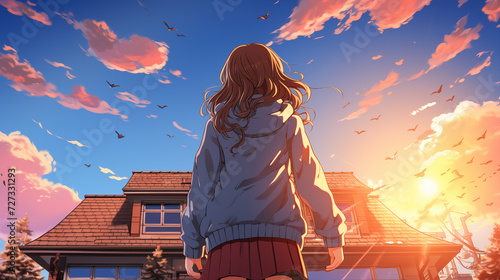 anime inspired girl standing in front of her family house,. missing home feeling