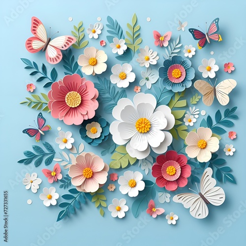 Paper flowers and butterflies on blue background. Paper art style. Paper flowers on pastel background. Spring flowers flat lay background. Top view © Halina