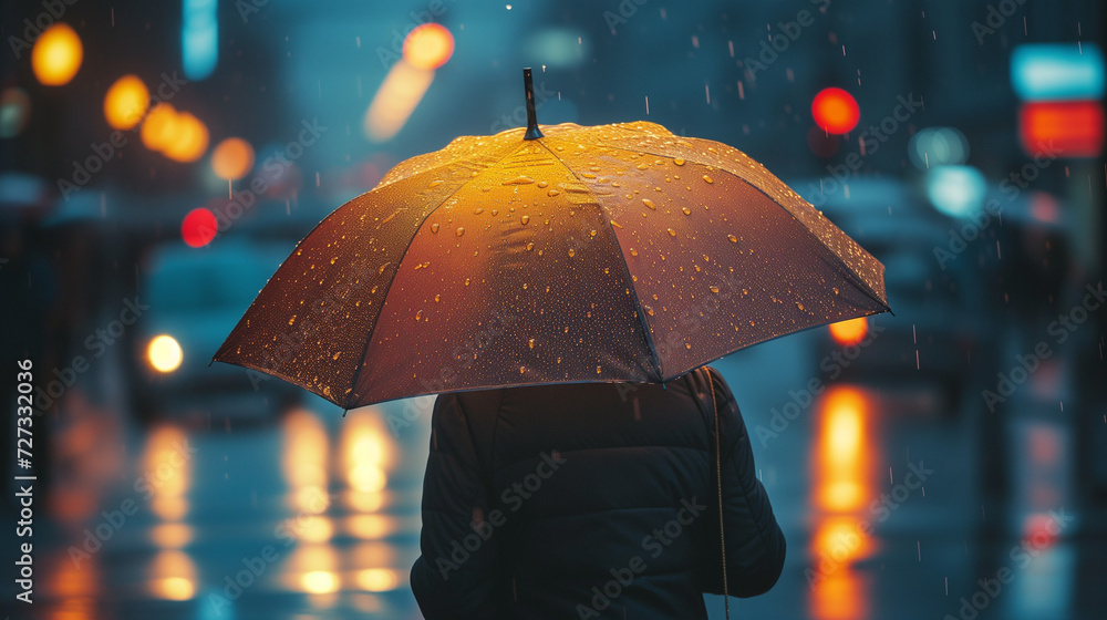 Photgraph of person standing in the rain holding an umbrella. In a city street with background of street lighting.
