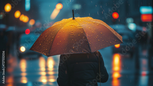 Wallpaper Mural Photgraph of person standing in the rain holding an umbrella. In a city street with background of street lighting. Torontodigital.ca