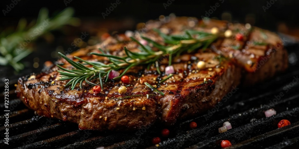 Grilled goodness: A succulent beef steak with rosemary, seasoned to perfection on a wooden board.