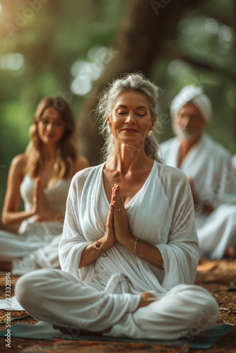 A group of diverse people meditating and practicing yoga outdoors, promoting a healthy and harmonious lifestyle in a serene park setting. © Andrii Zastrozhnov