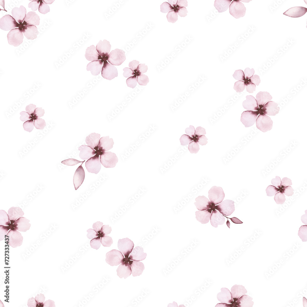 Seamless pattern in small watercolor flowers in pastel shades on a white background. Decorative pattern for design, decoration, fabric, wrapping paper. Delicate beige flowers with leaves
