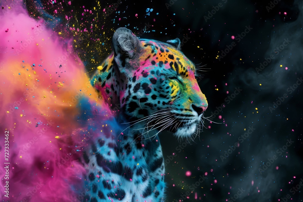 Animal leopard and holi powder explosion of colours