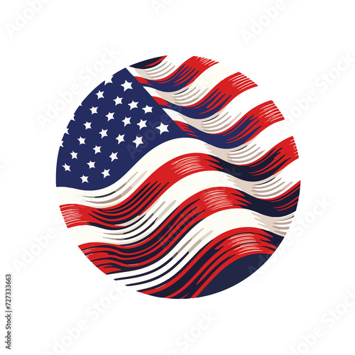 United States of America flag waiving in a circle ring,  illustration on a white background