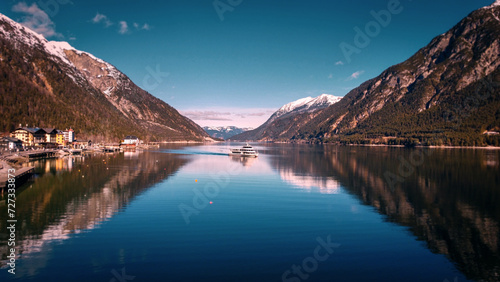 A boat on the surface of Lake Achensee.