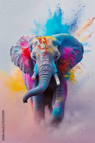 Animal elephant and holi powder explosion of colours