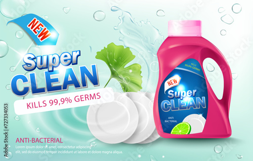 Liquid detergent for washing dishes poster with illustrations various dishware