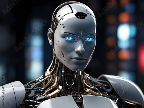 Free photo 3d rendering humanoid robot working with future digital graphic interface on dark background