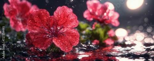 there is a red flower that is in the water