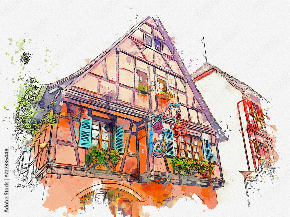 Watercolor picture view of Equisheim plus Beaux Villages de France, Alsace France.