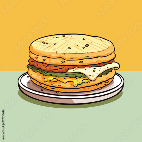 pancakes with cheese and ham . fast food cake . delicious cake on a plate isolated vector 