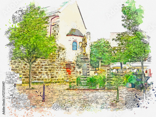 Watercolor picture view of Equisheim plus Beaux Villages de France, Alsace France. photo