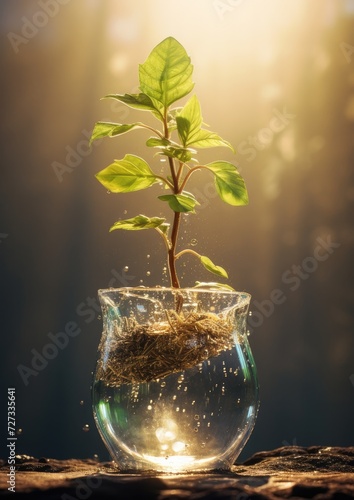 A young plant growing up with rainwater in sunlight. , ultra realistic. Generative Ai.