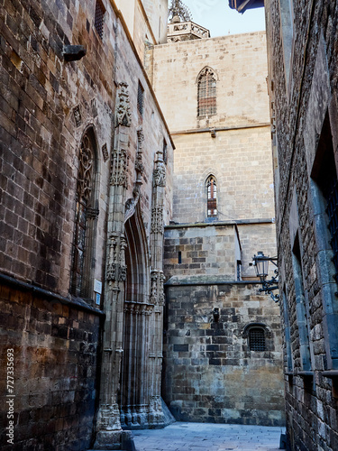 Charming narrow alley in the Gothic Quarter of Barcelona. Catalonia, Spain, Europe