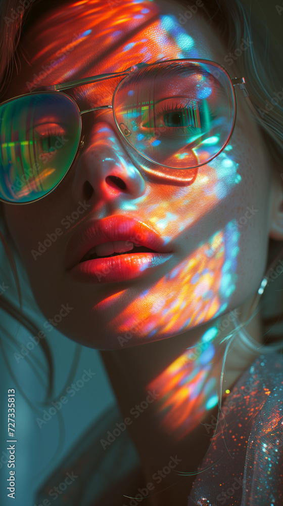 Obraz premium portrait of woman close up, prism reflection on her face