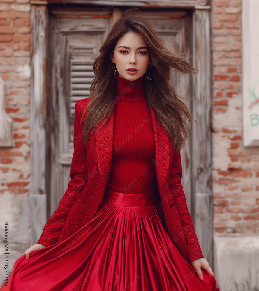 woman in long red skirt, street fashion