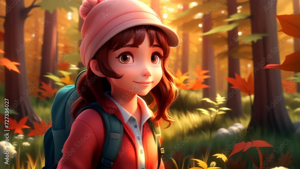 Cute Cartoon Girl Wearing a Backpack in the Woods Cute Cartoon Girl Wearing a Backpack in the Woods