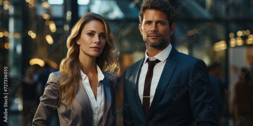 Elegant couple in business attire, exuding confidence