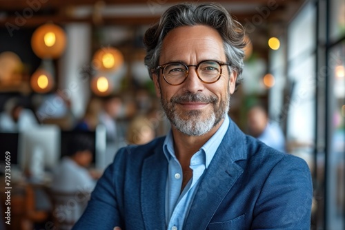 Confident mature businessman with a warm smile and grey beard, exuding professionalism and success in an office setting.