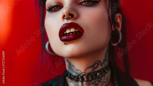 Tattooed woman with silver dental grillz and red lipstick