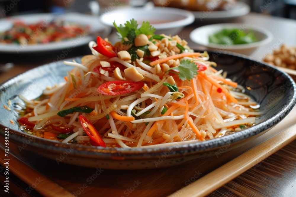 Som Tum: A zesty papaya salad, combining shredded papaya, chilies, lime, fish sauce, and peanuts.