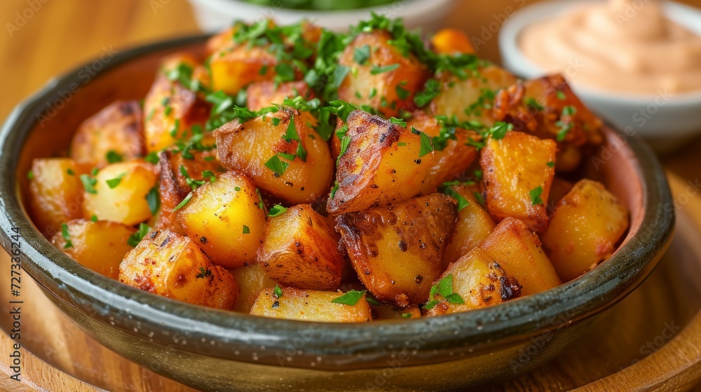 Patatas Bravas: Fried potato cubes served with a spicy tomato sauce and garlic aioli, a popular Spanish tapas dish.