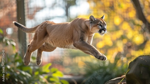 puma is captured in mid-air. Its resilient muscles are taut, and it is leapin...