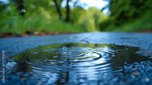 Raindrop ripples in puddles, reflecting the azure sky, heralding a refreshing...