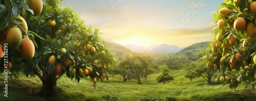 Mango farm gardening,tree cultivation with tropical fruits, sunset panorama. Generative Ai. © annamaria