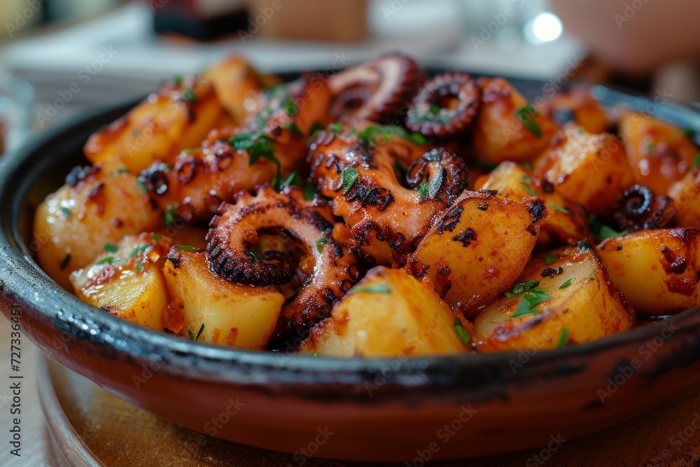 Pulpo a la Gallega: Tender octopus slices drizzled with olive oil, sprinkled with paprika, and served on potatoes. Pulpo a la Gallega: Tender octopus slices drizzled with olive oil, sprinkled with paprika, and served on potatoes.