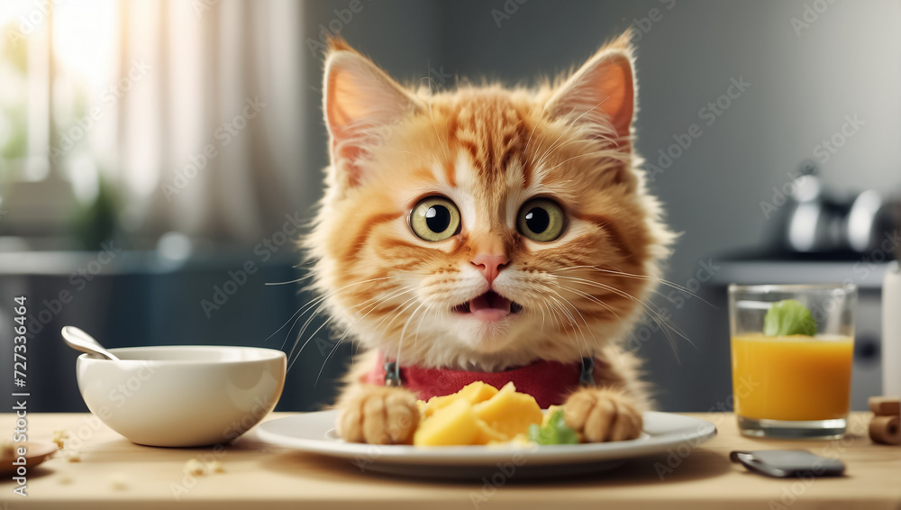 Cute cat sitting at the table in the kitchen adorable